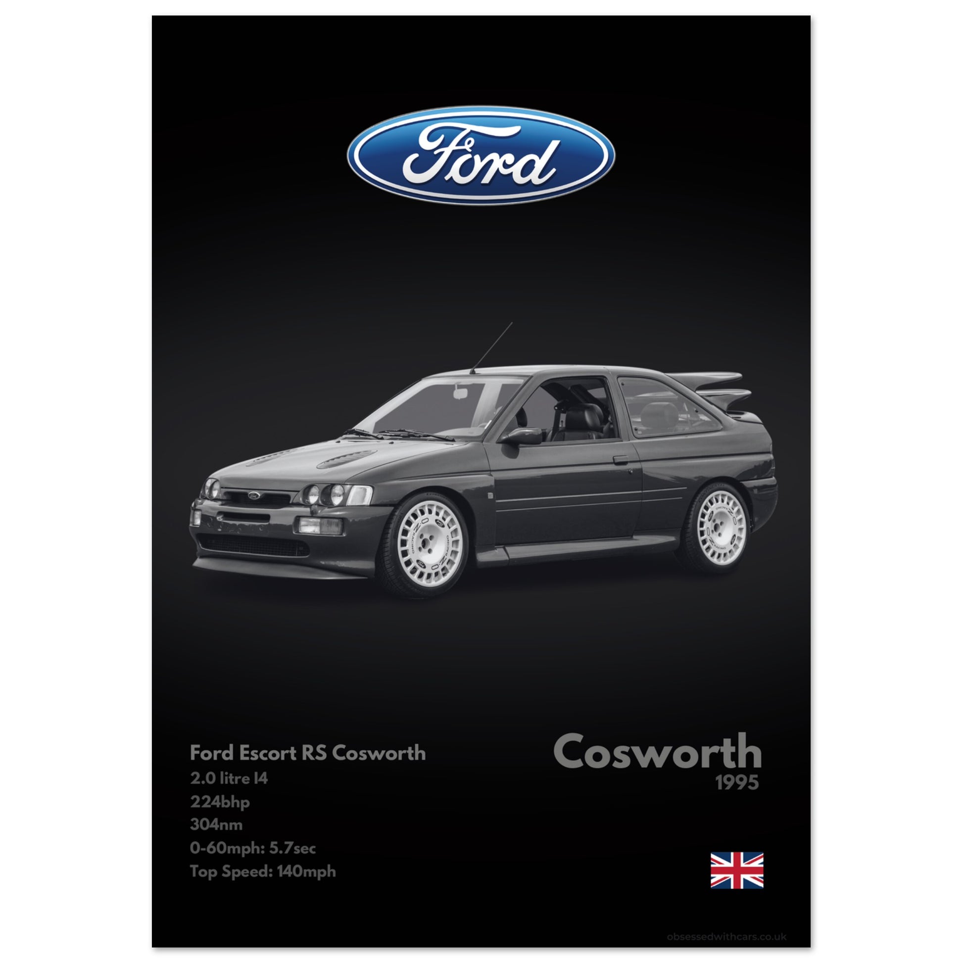Ford Escort RS Cosworth Poster - Monochrome Collection