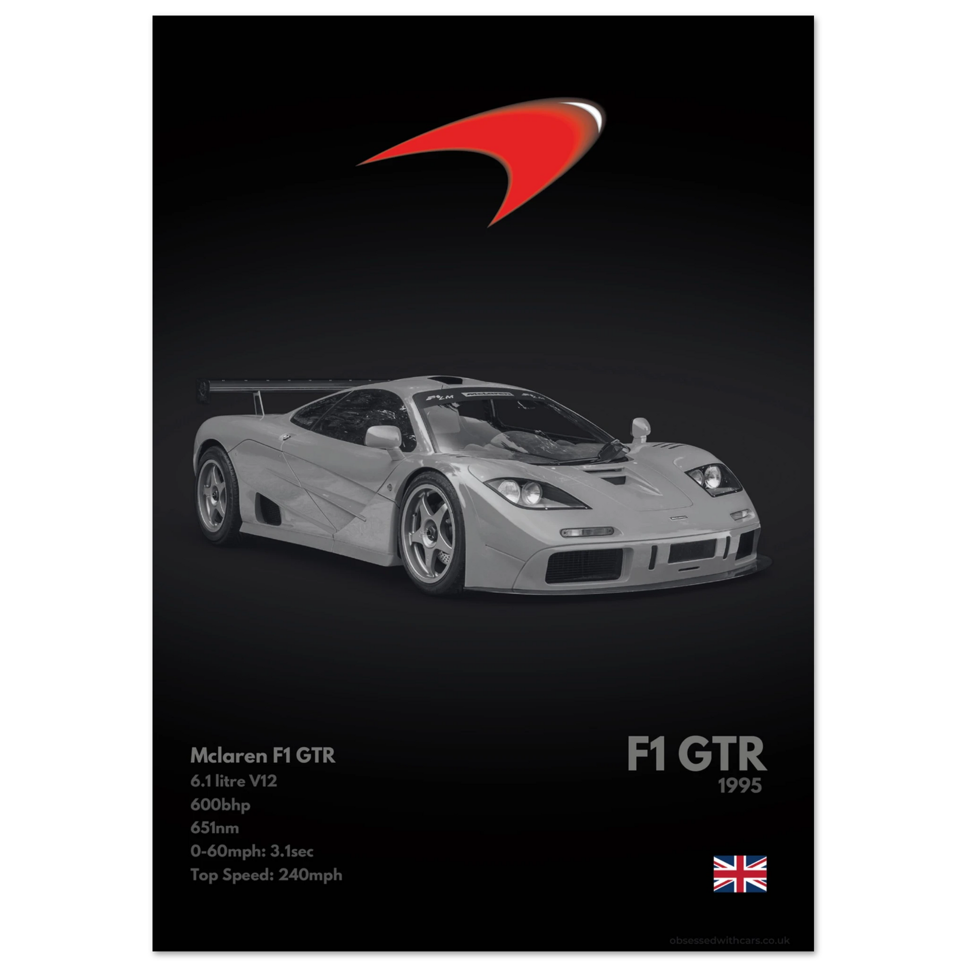 Mclaren F1 GTR Poster - Monochrome Collection