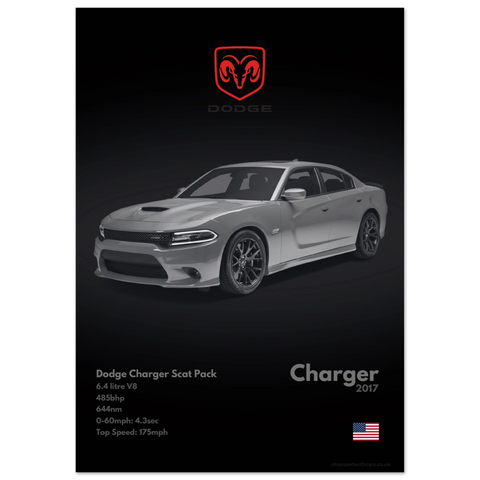 374 Dodge Charger Scat Pack Poster - Monochrome Collection