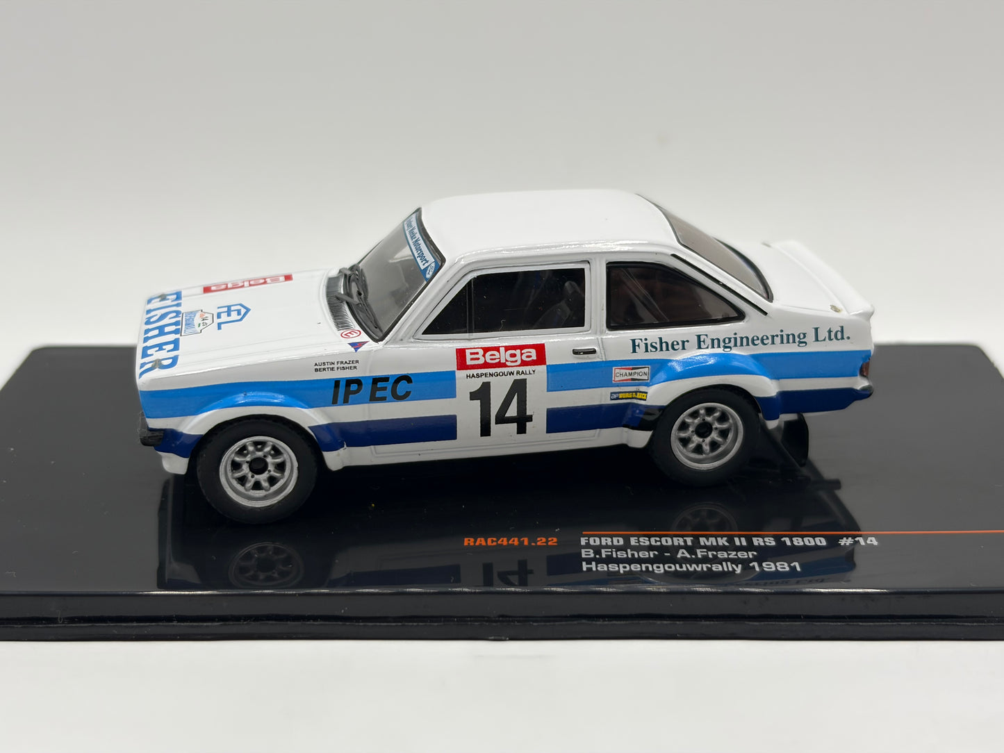 1/43 1981 Ford Escort MK2 RS1800 - Haspengouw Rally - Fisher / Frazer | Model Rally Car