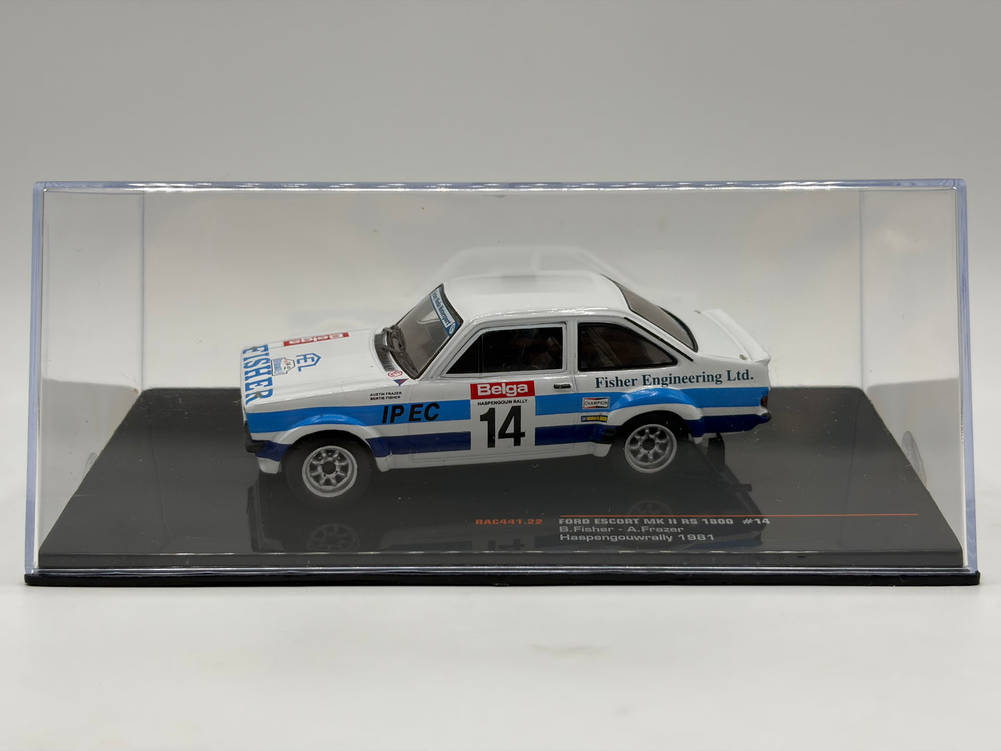 1/43 1981 Ford Escort MK2 RS1800 - Haspengouw Rally - Fisher / Frazer | Model Rally Car