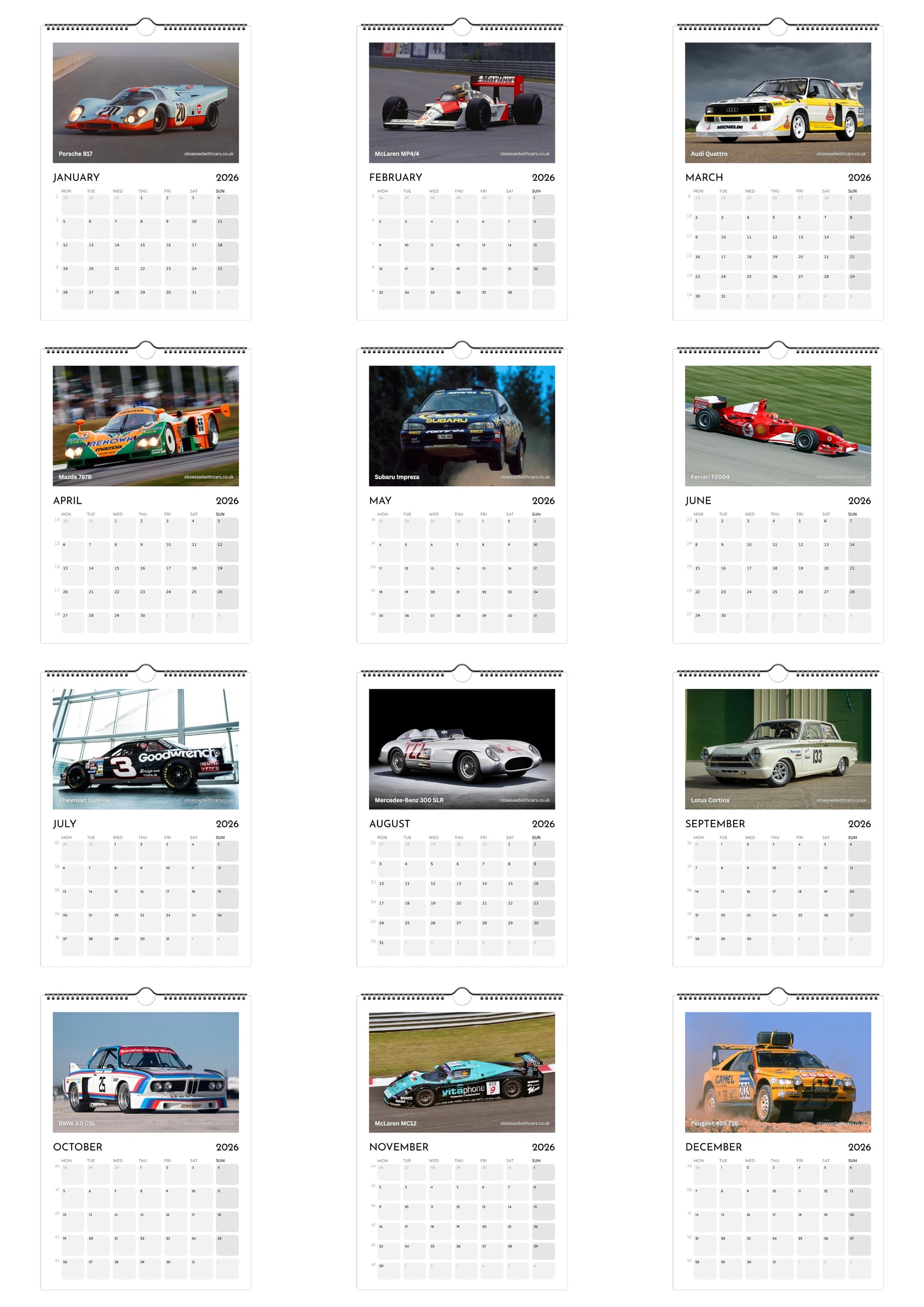 Racing Cars Calendar 2026